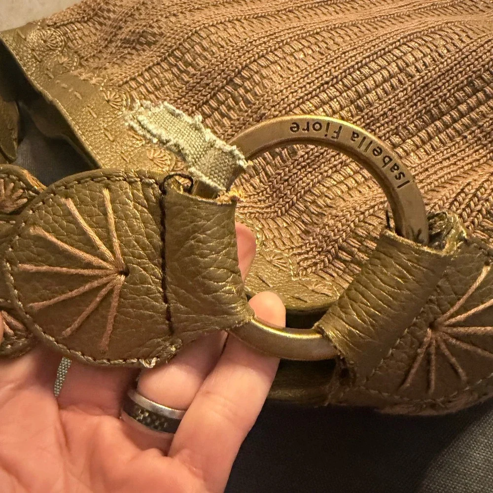 Isabella Fiore Gold Metallic Leather Knit Hobo Bag Scalloped Embroidered Boho